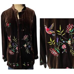 VTG Susan Graver Granny Cardigan Cottage Jacket Velvet Floral Bird SM Brown Boho